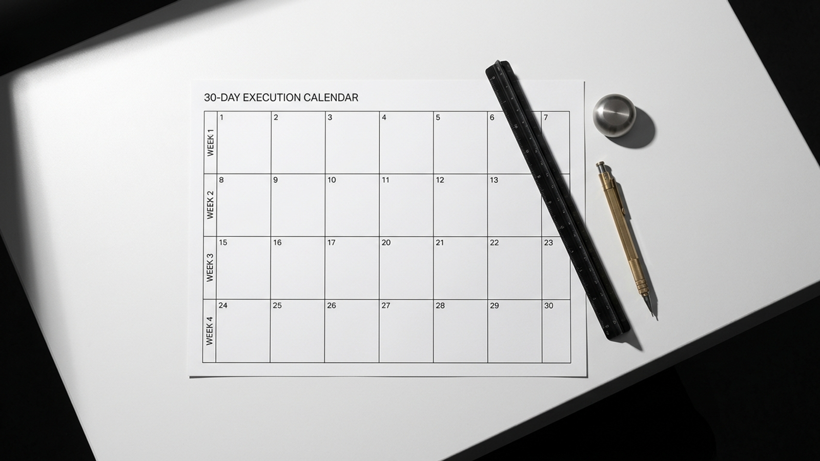 A drafting ruler across a four-week, 30-day launch timeline